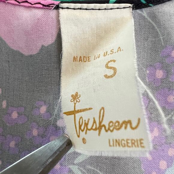 VINTAGE AMERICAN Texsheen SMALL 1960's Black Floral Sleep Mini Dress Night Gown - Picture 6 of 7